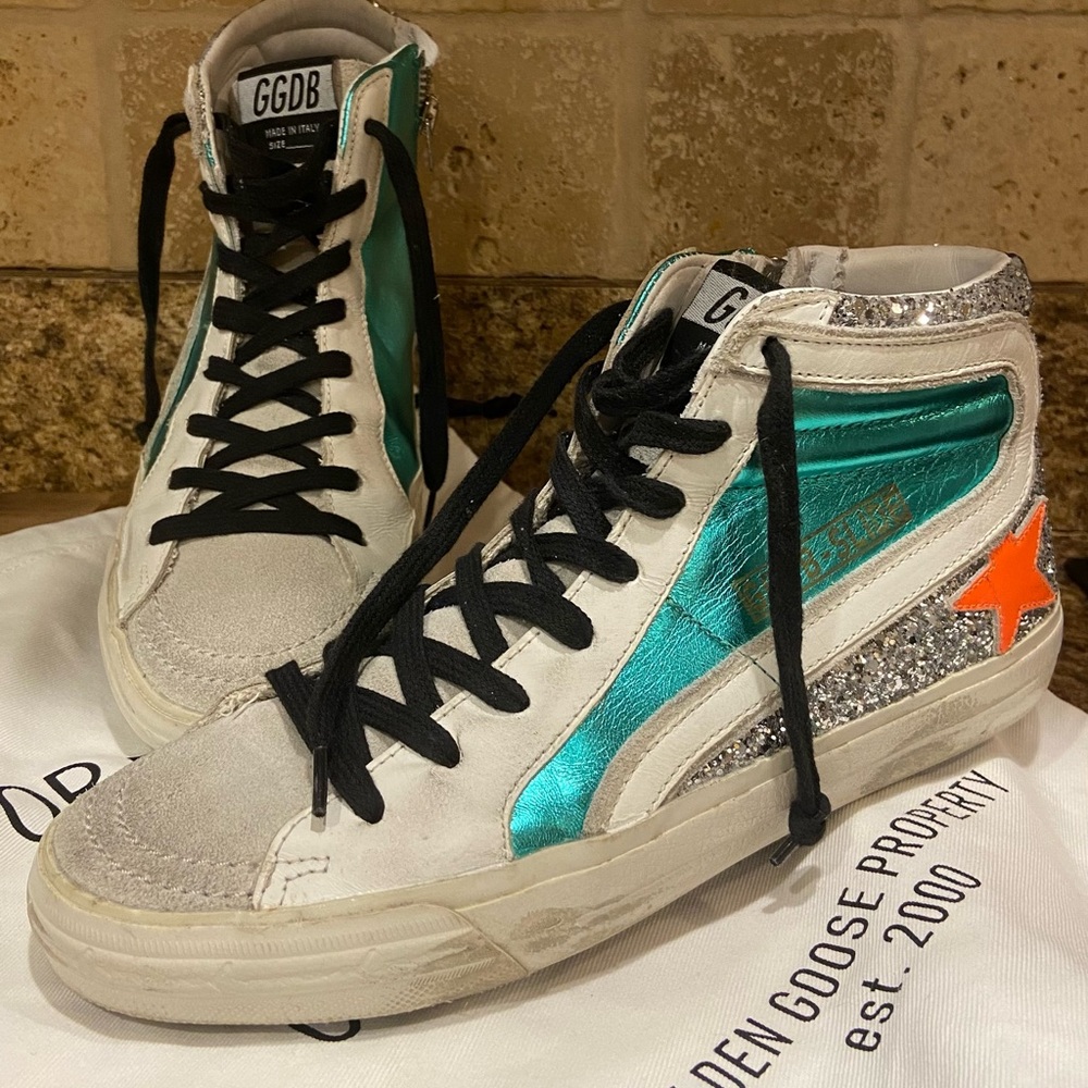 GOLDEN GOOSE Slide Mid-Top  Leather Sneakers w/Teal, Orange and Silver Accent
